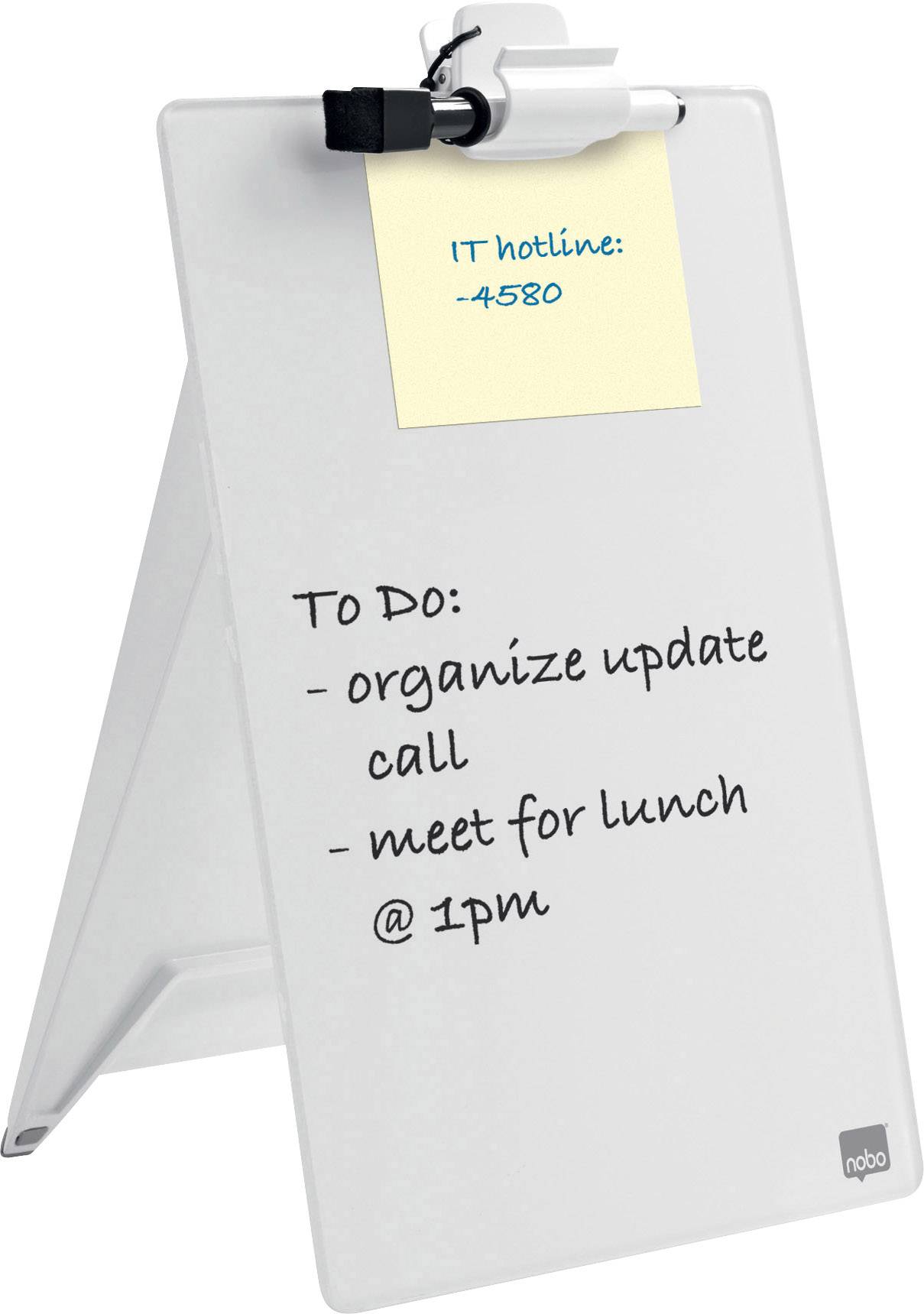 Witte kantoortafel met notitiebriefje bovenaan: 'IT-helpdesk: 4580'. Daaronder 'Te doen': 'update-vergadering organiseren', 'lunchen om 13:00 uur'.