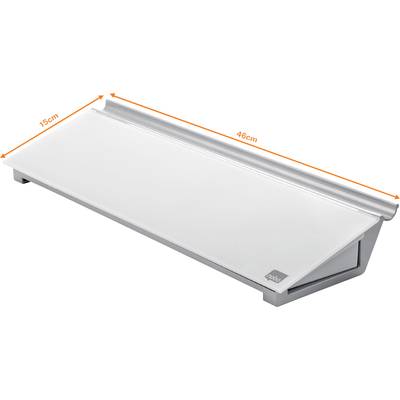 Een zilveren laptopstandaard met een breedte van 46 cm en een diepte van 15 cm, geschikt voor ergonomisch bureauwerk.