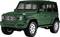 Een groene, vierdeurs SUV met robuust design en grote banden, in close-up afgebeeld op een witte achtergrond.