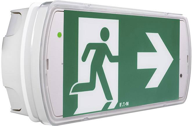 Nooduitgangsbord met pictogram van een rennende persoon in een kader. Een pijl wijst naar rechts.