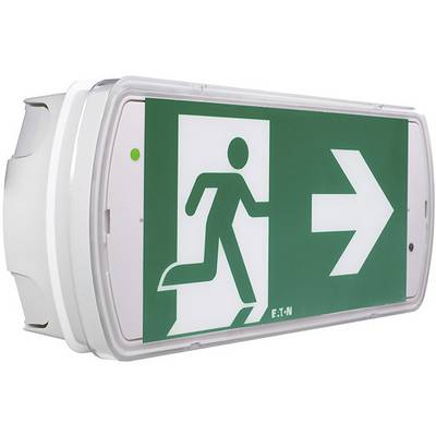Nooduitgangsbord met pictogram van een rennende persoon in een kader. Een pijl wijst naar rechts.