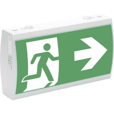 Nooduitgangsbord met een groene achtergrond toont een lopende persoon en een witte pijl naar rechts die de vluchtroute aangeeft.