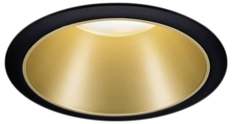 Ronde, gouden inbouwspot met zwarte rand en stralende lichtuitstraling naar beneden, geschikt voor moderne interieurs.