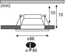 Diagram toont inbouwspot. Afmetingen: hoogte 70 mm, inbouwdiameter 80 mm. Totale breedte 88 mm. Toont diepte en montagelocatie van de lamp.