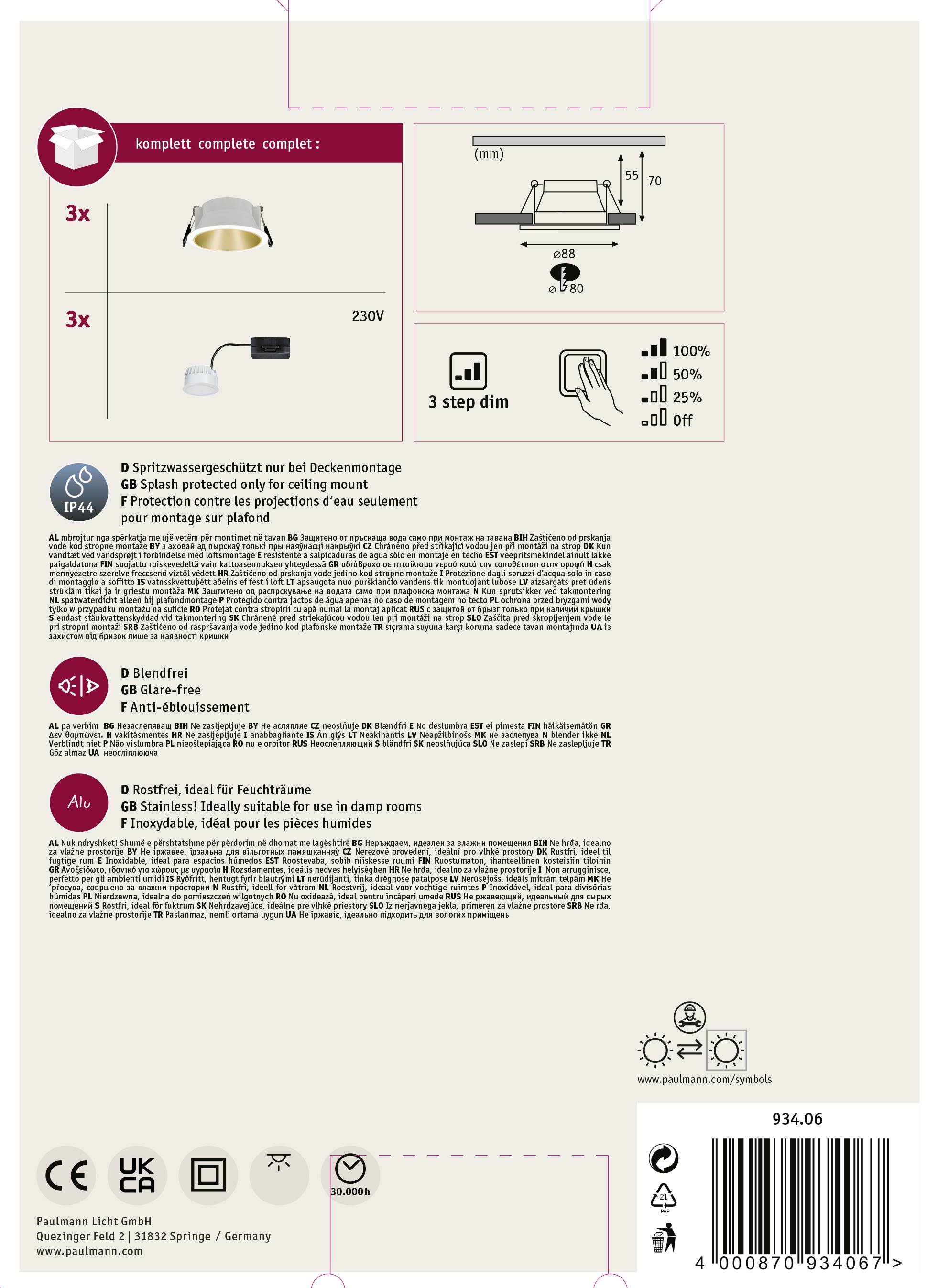 Achterkant van de verpakking van een plafondlamp met montagehandleiding in het Duits en Engels. Bevat symbolen voor spanning, dimmer en beschermingsgraad.