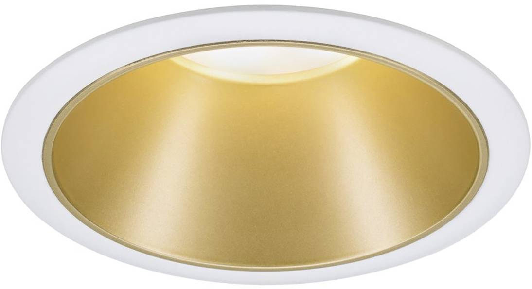 Een ronde gouden plafondlamp met een witte rand. Hij heeft een strak, modern design en schijnt naar beneden.