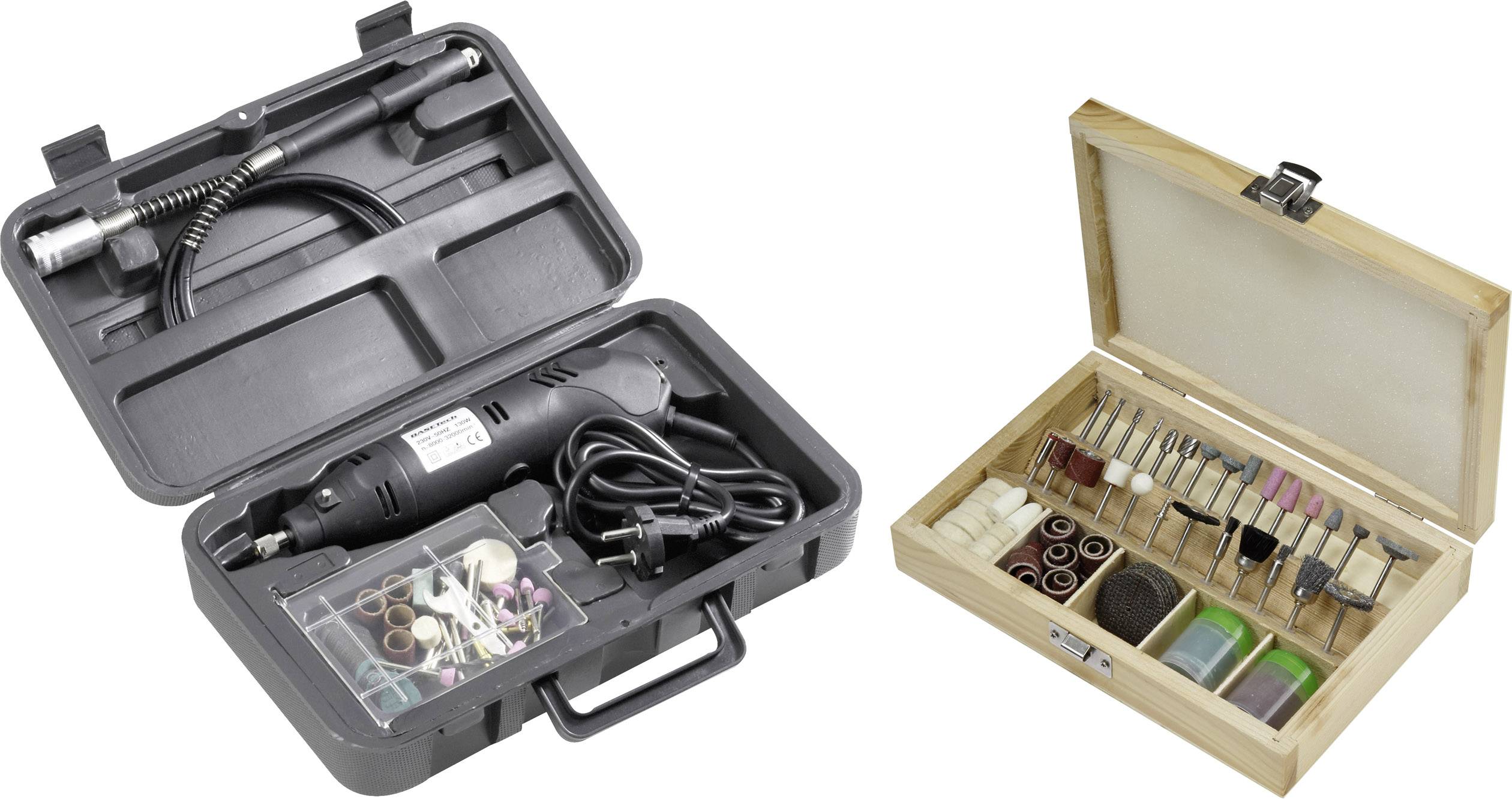 Een geopende set met een elektrische freesmachine en een accessoirebox. Bevat verschillende opzetstukken en slijptoebehoren.