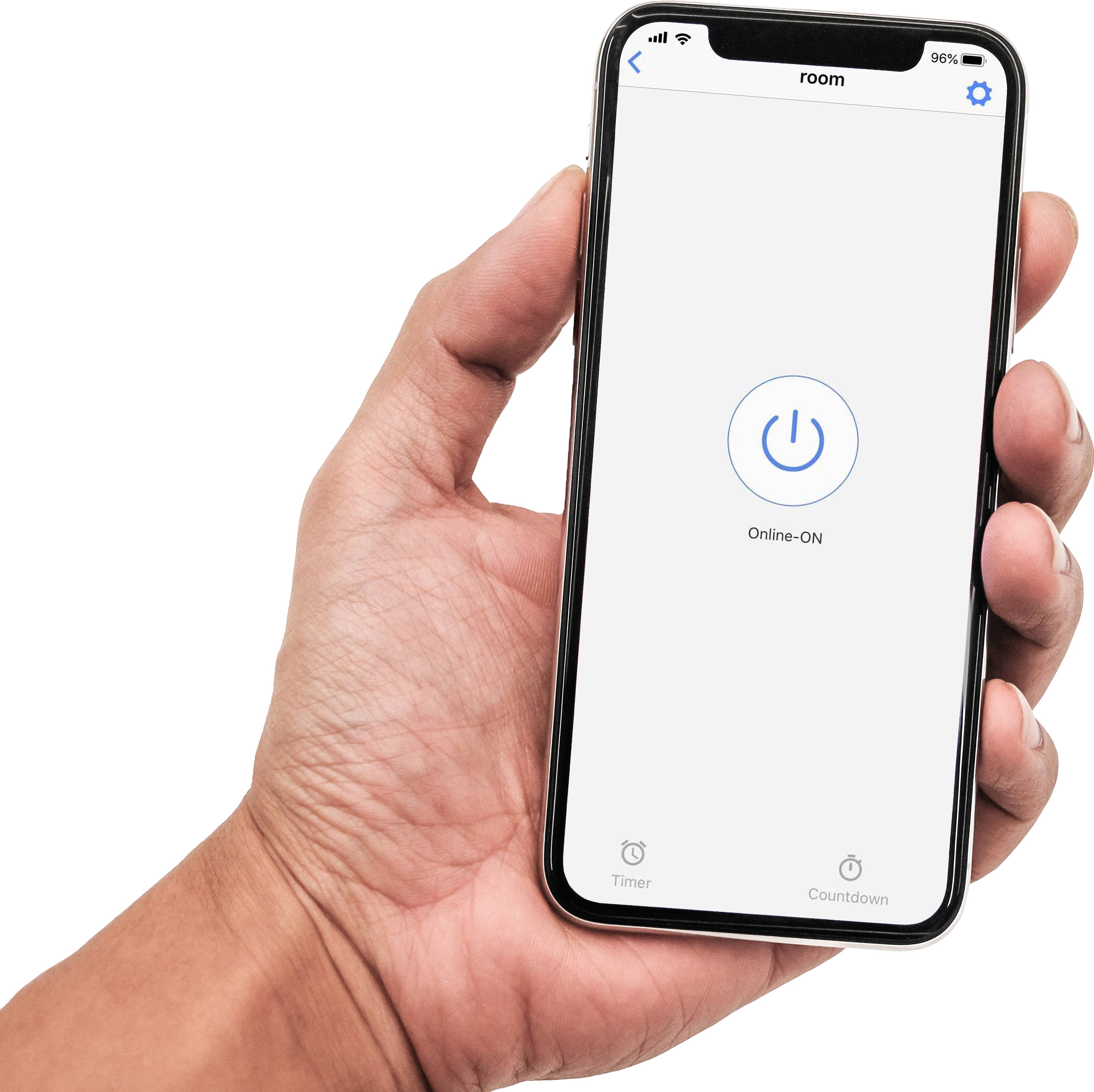Een hand houdt een smartphone vast met een app-scherm dat een grote, blauw omrande aan/uit-knop toont waarop 'Online-ON' staat.