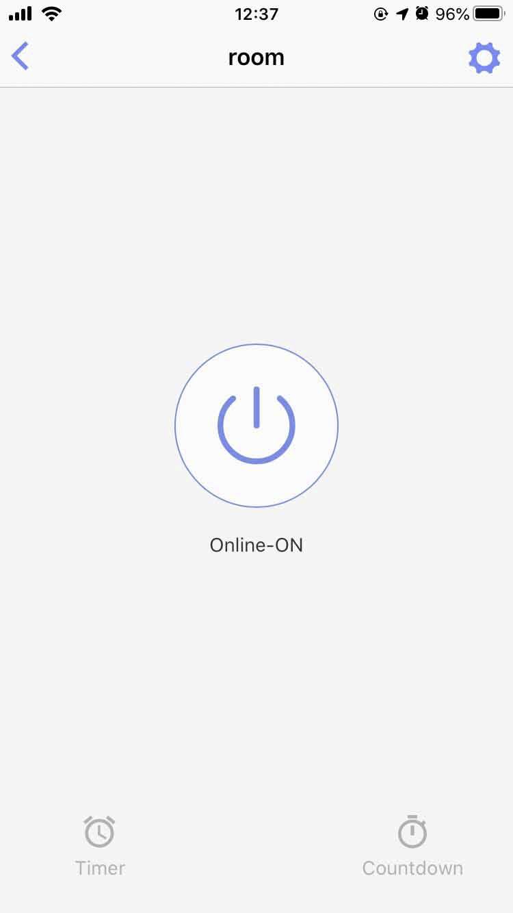 Een cirkel met een aan-/uitschakel-symbool en de aanduiding 'Online-AAN' in het midden van het scherm. Timer- en aftelsymbolen onderaan.