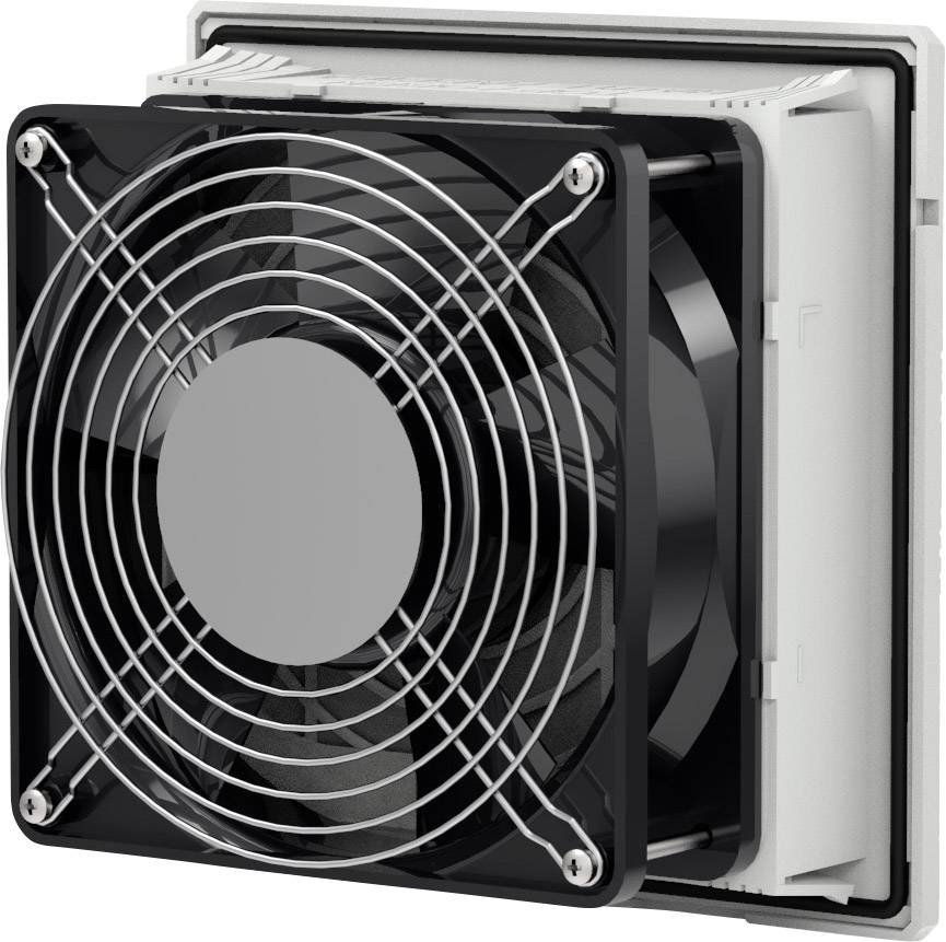 Een zwarte ventilator met beschermrooster is gemonteerd aan een witte muur. De ventilator lijkt aangesloten te zijn op een ventilatiesysteem.