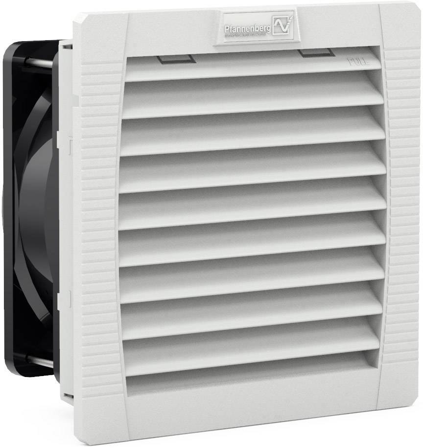 Koelventilator met rechthoekige, grijze behuizing en horizontaal lopende lamellen, gebruikt voor de ventilatie van schakelkasten.