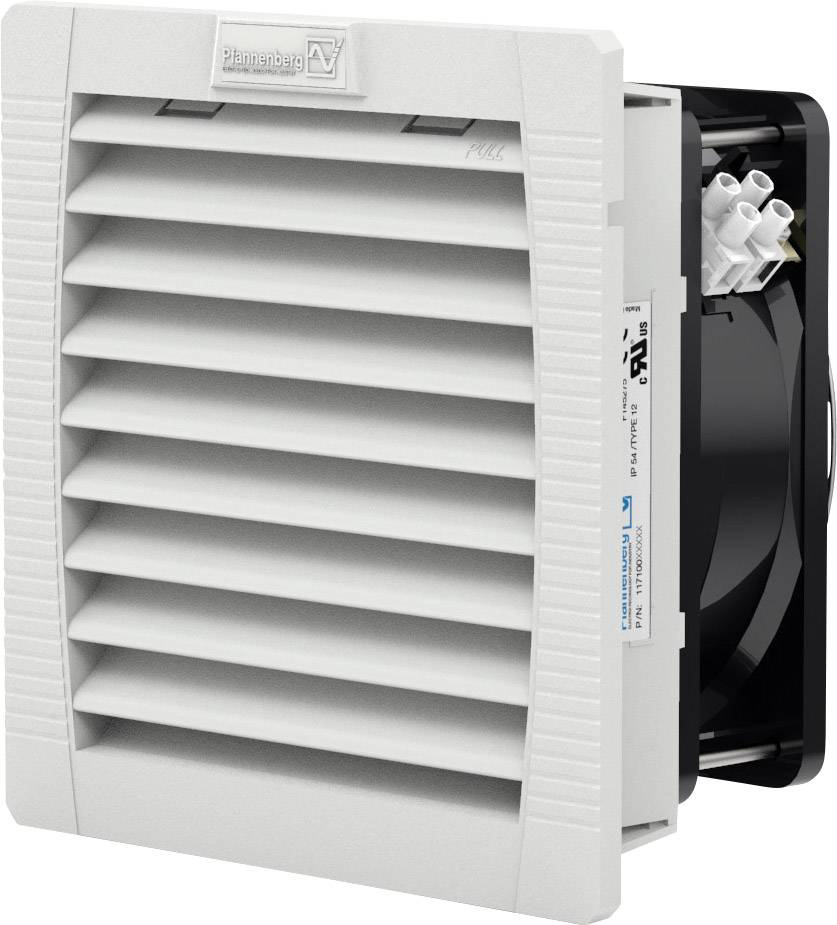 Witte ventilatie-eenheid met rooster en ventilator, merk 'Pfannenberg'. Ventilator zichtbaar van opzij, geschikt voor industriële koelsystemen.