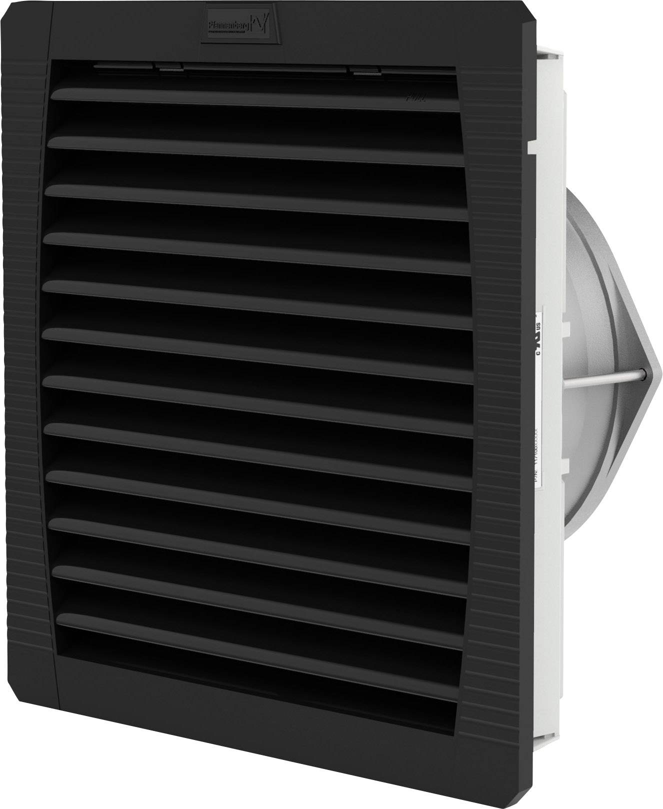 Zwarte ventilatierooster-inzetstuk met horizontale lamellen en een rond behuizing, geschikt voor industriële ventilatiesystemen.