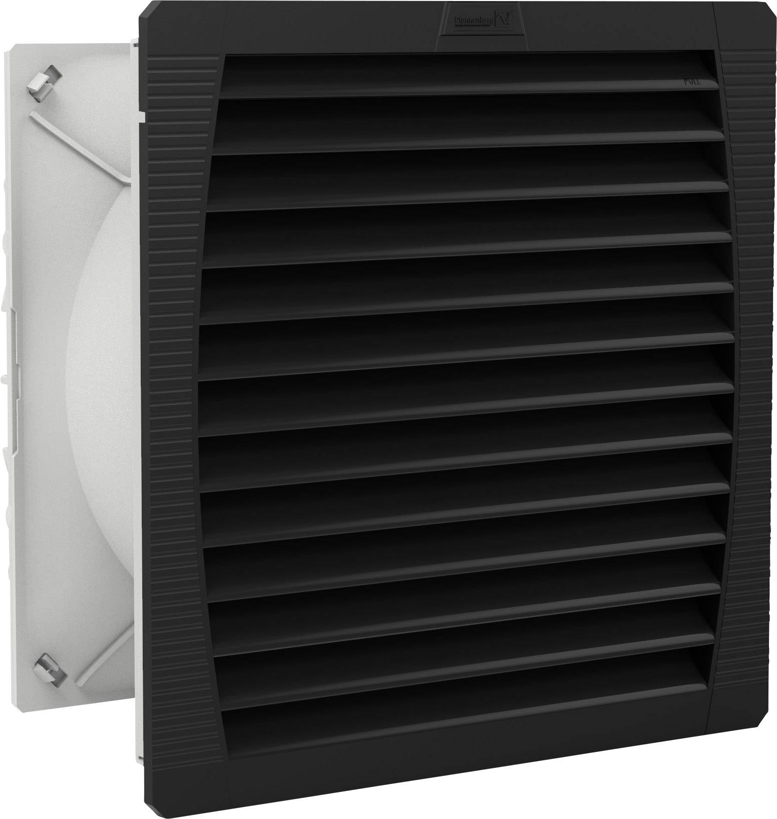 Een zwarte ventilatiefilter met horizontale lamellen, geplaatst in een wit frame, voor gebruik in ventilatiesystemen.