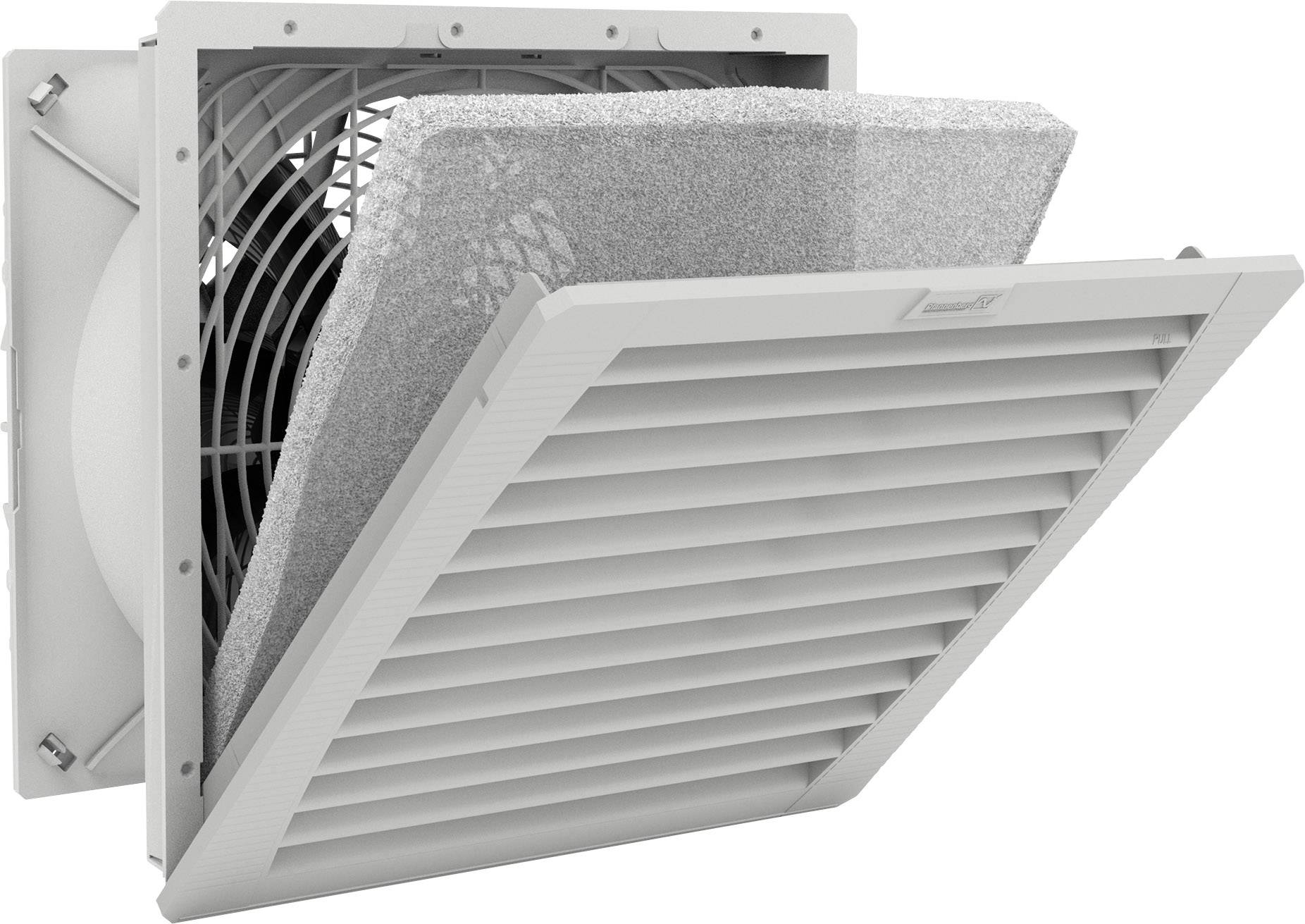 Een rechthoekige ventilator met een verwijderbaar wit rooster toont een onderliggende ventilator en een grijze filter.