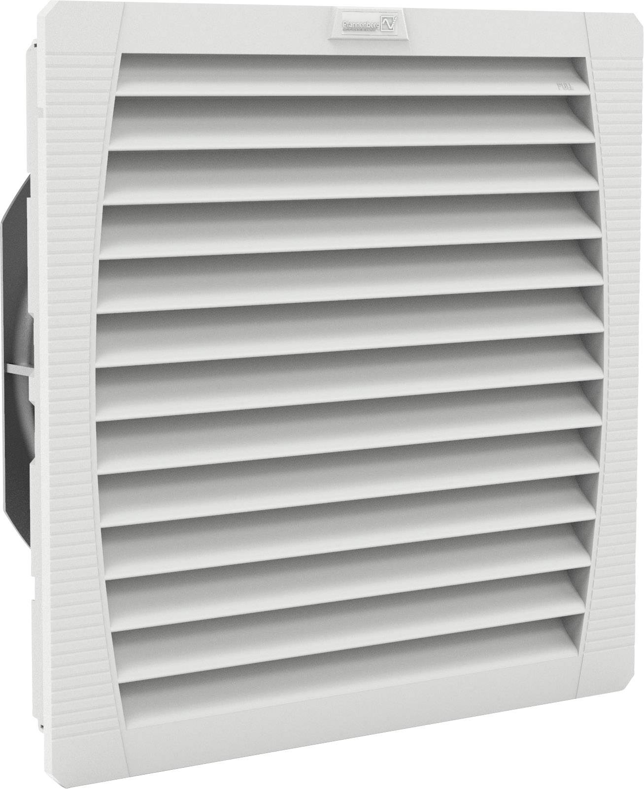 Een rechthoekig ventilatierooster met horizontale lamellen dat luchtcirculatie mogelijk maakt. Vervaardigd uit grijs kunststof.