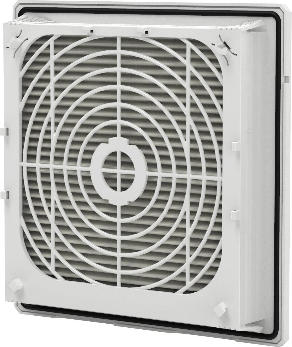 Witte, vierkante ventilatierooster van kunststof met een lamelvormig rasterontwerp in het midden. Geschikt voor montage op de wand of het plafond.