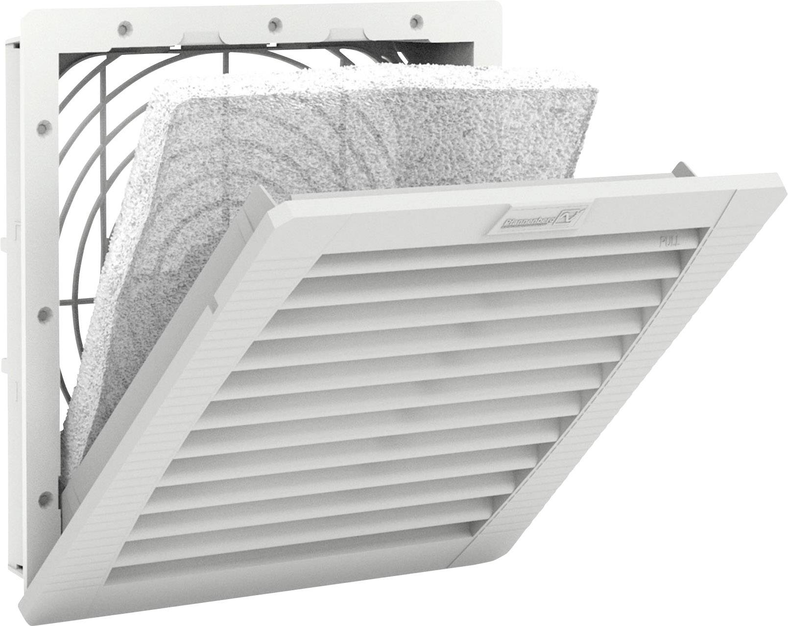 Ventilatierooster met filter, gedeeltelijk geopend. Toont de filterlaag achter het rooster die stof en deeltjes tegenhoudt.