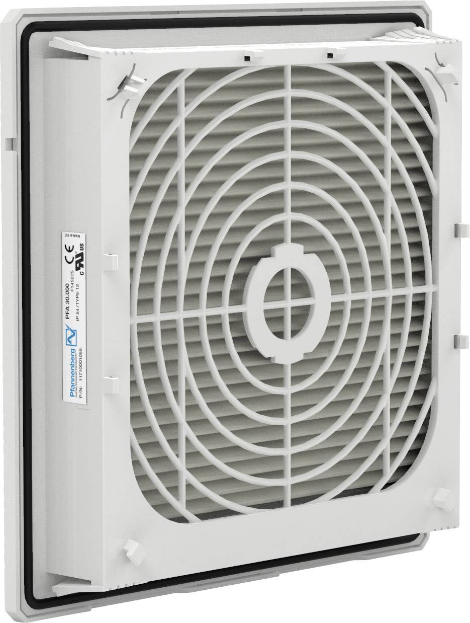 Wit ventilatierooster-eenheid met rechthoekig frame en concentrische cirkels in het rooster. Typeplaatje en CE-markering zichtbaar.