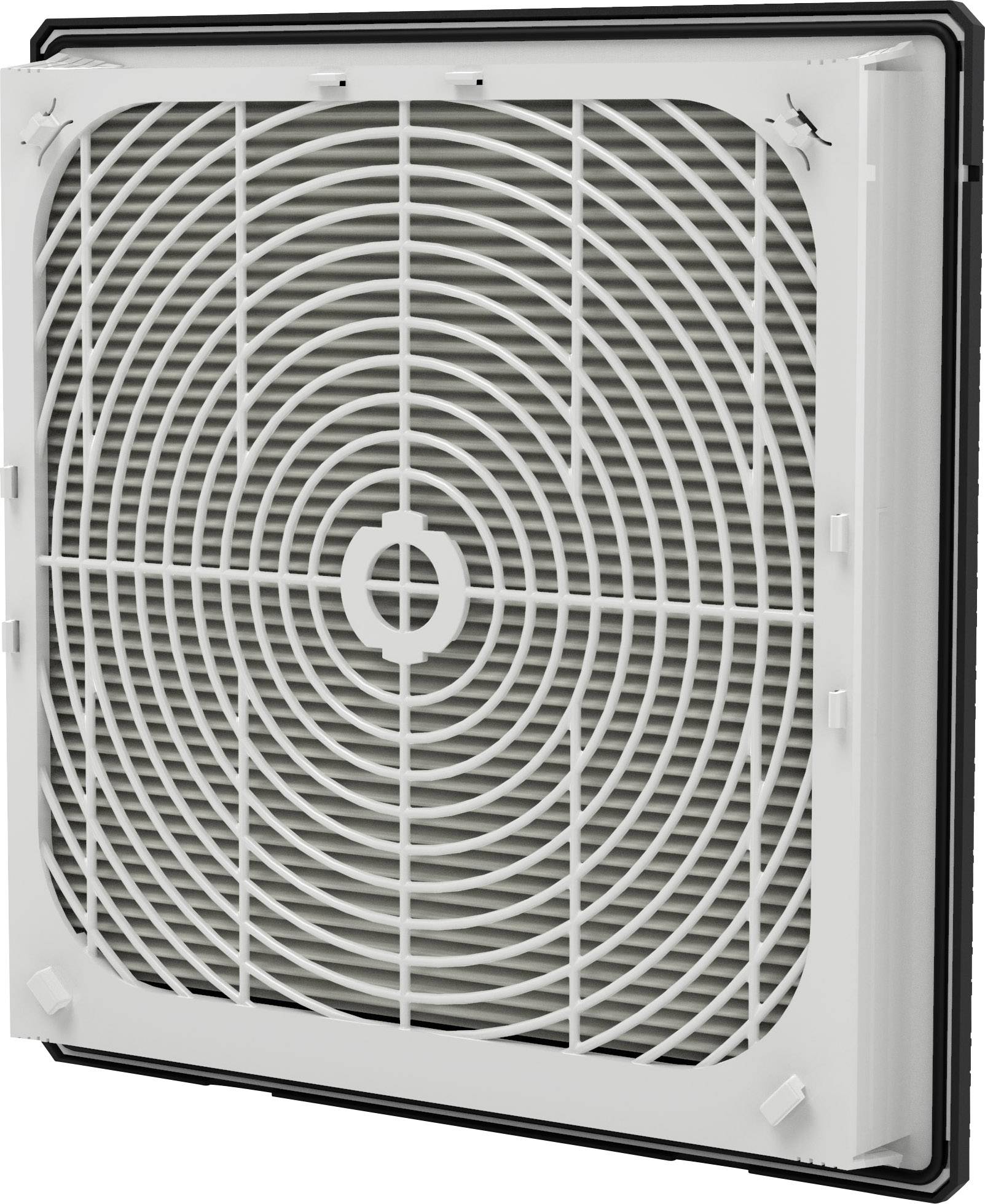 Vierkante ventilatierooster met rasterontwerp en centraal cirkelmotief. Geschikt voor muur- of plafondmontage in binnenruimtes.