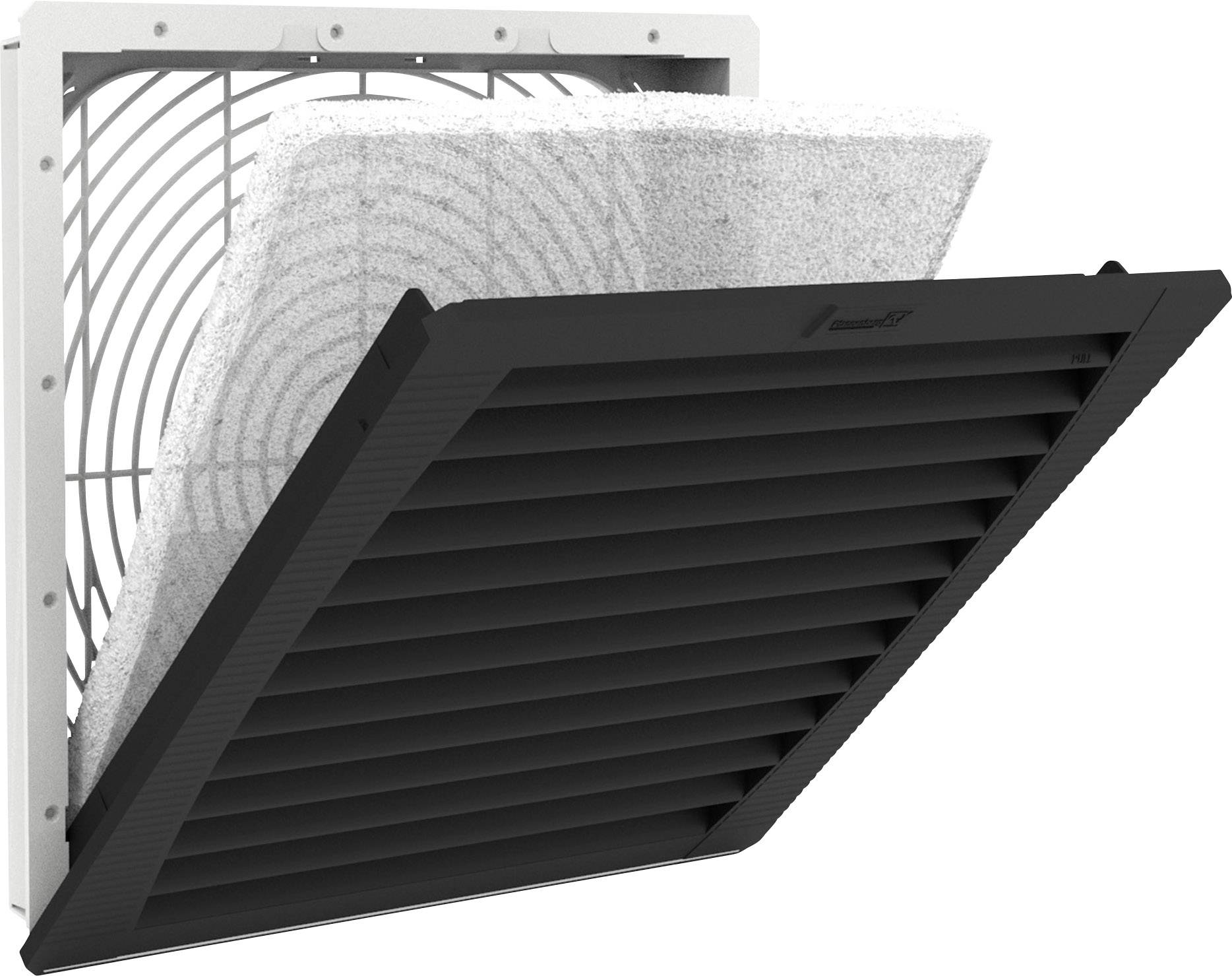 Zwart ventilatierooster met uitneembaar filter, gemonteerd op een witte wandsteun.