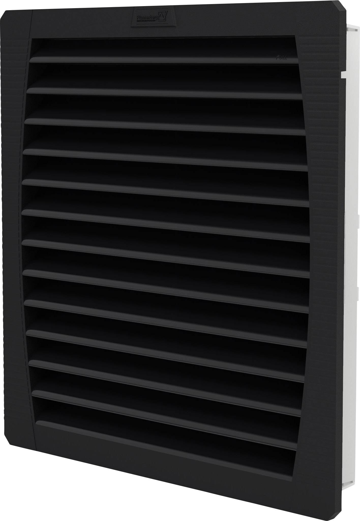 Een zwarte ventilatierooster, rechthoekig, met horizontale lamellen. Ontworpen voor luchtcirculatie of ventilatie in gebouwen.