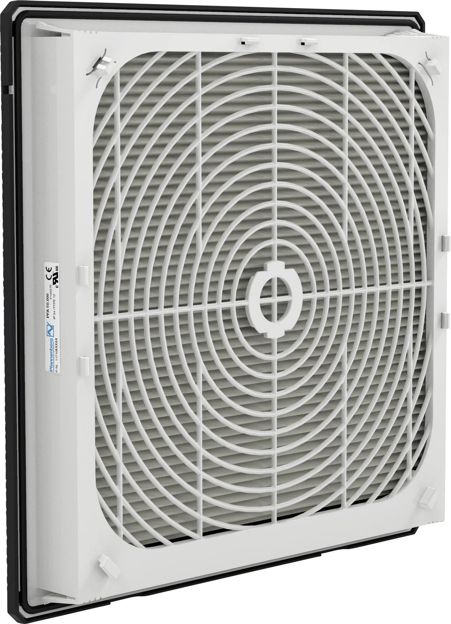 Een vierkante ventilator met een rooster, licht schuin gefotografeerd. De ventilator is bedoeld voor ventilatie of koeling.