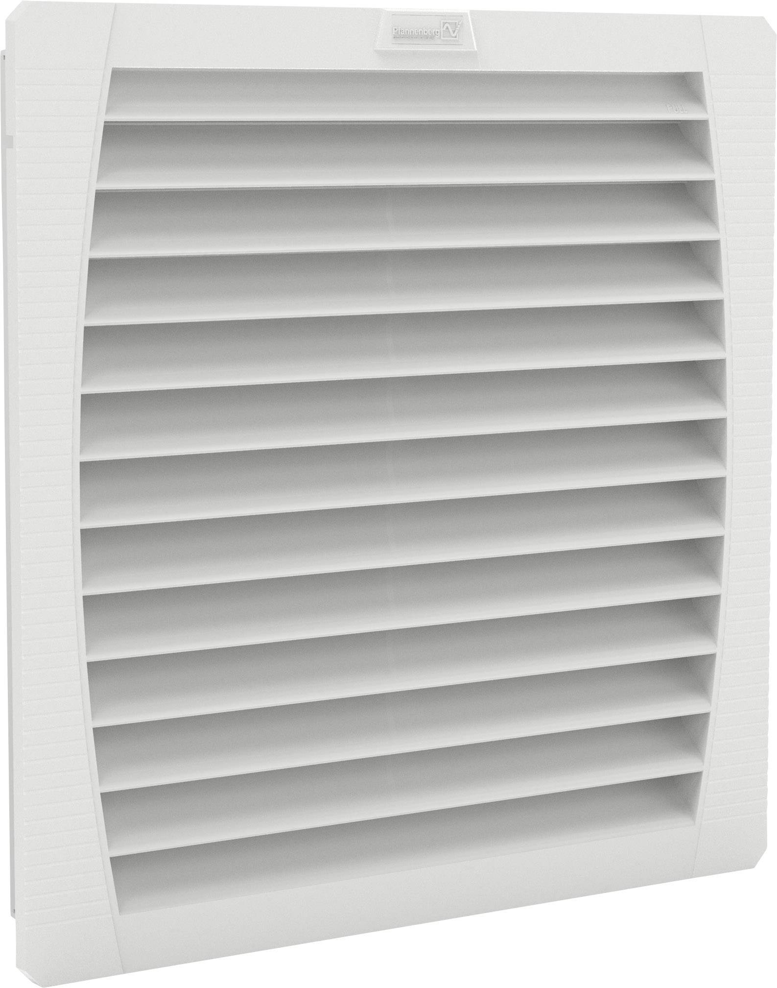 Een rechthoekige ventilatierooster met horizontale lamellen in het wit, voor ventilatie of koeling, gemonteerd op een vlak oppervlak.