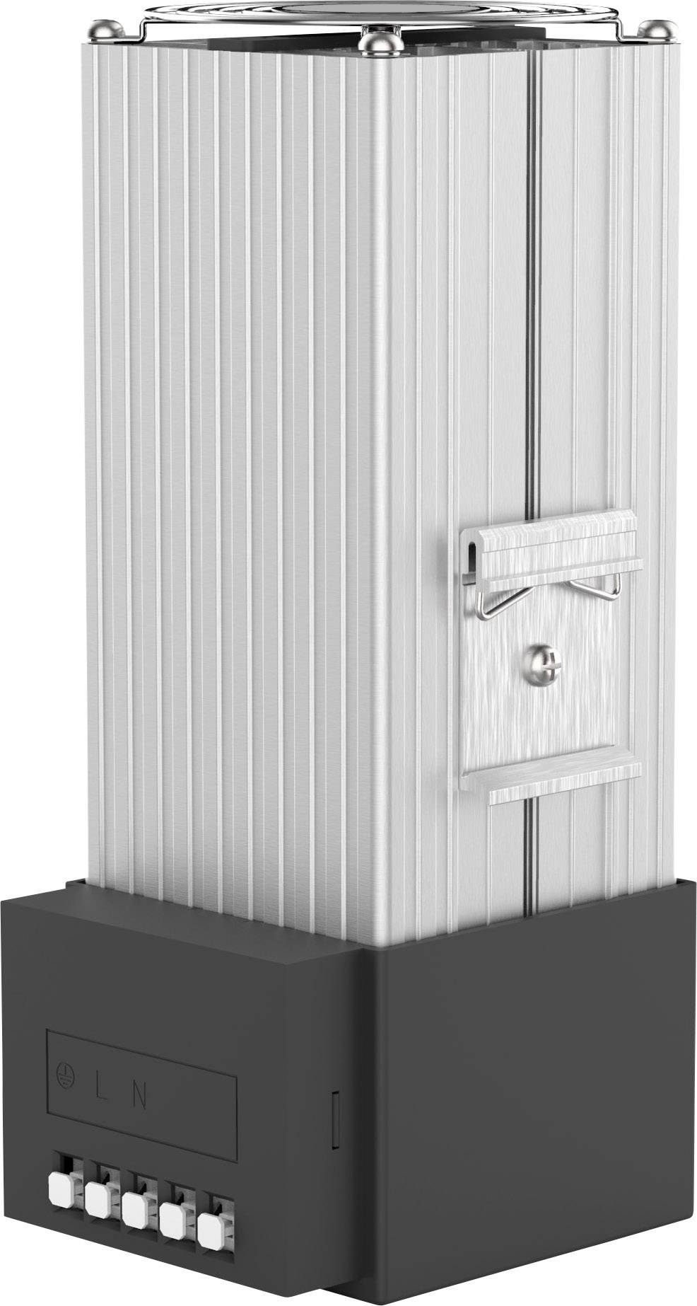 Een rechthoekig, zilverkleurig apparaat met een zwarte voet. Bovenaan bevinden zich metalen bevestigingen, onderaan zijn elektrische aansluitingen.