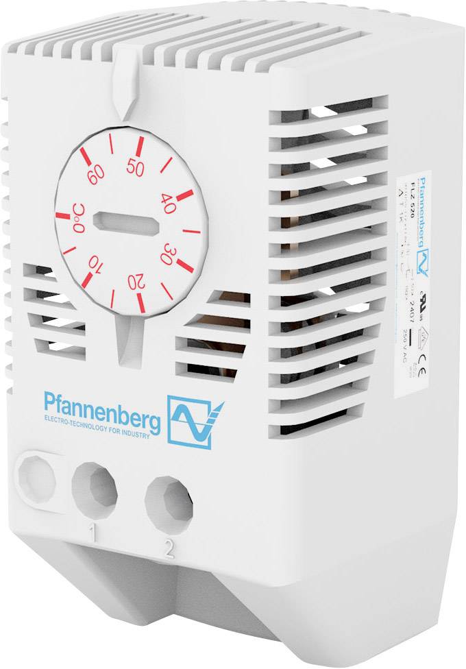 Een thermostaat van Pfannenberg met een draairegeling die temperatuurbereiken van 0 tot 60 graden Celsius aangeeft. Behuizing in het wit.