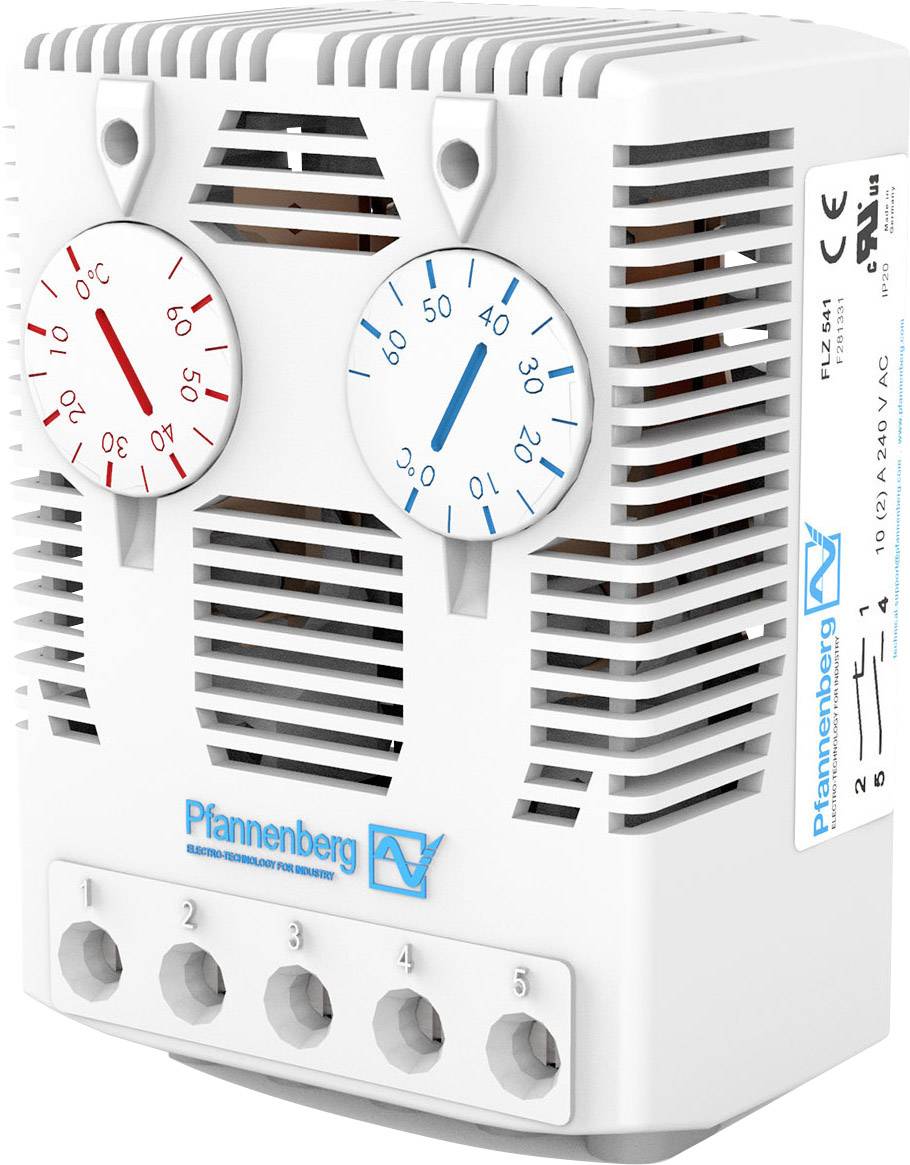Een witte klimaatregelaar met ventilatiesleuven, twee analoge temperatuurweergaven en meerdere elektrische aansluitingen.