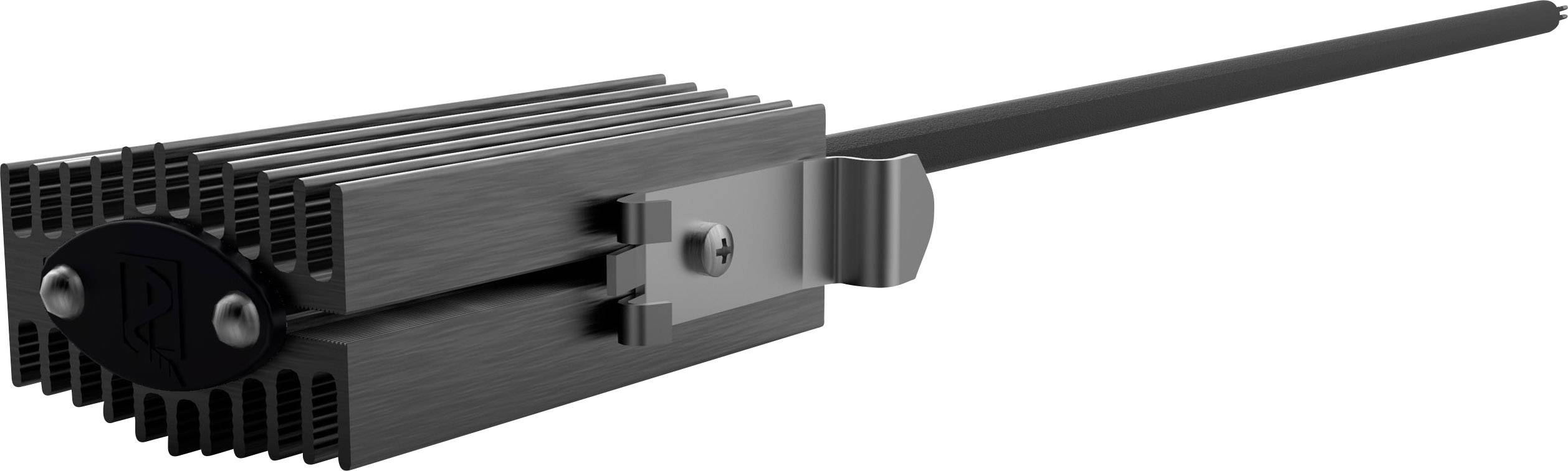 Zwart, geribbeld metalen apparaat met een lange staaf, bevestigd aan een steun. Zou kunnen worden gebruikt voor technische of industriële doeleinden.