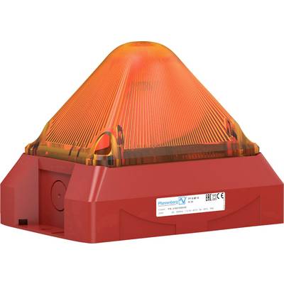 Een oranje waarschuwingslicht op een rode behuizing, gebruikt voor waarschuwing of signalering in noodsituaties.