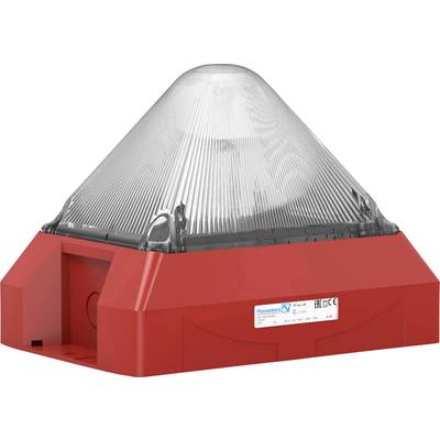 Een rode optische signaalgever met een transparente, piramide-vormige lichtkap, gebruikt voor visuele alarmering of waarschuwing.