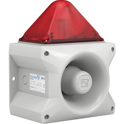 Een rood, piramidaal waarschuwingslicht op een grijs luidsprekerhuis, gemonteerd aan een muur. Het signaleert een alarm of waarschuwing.