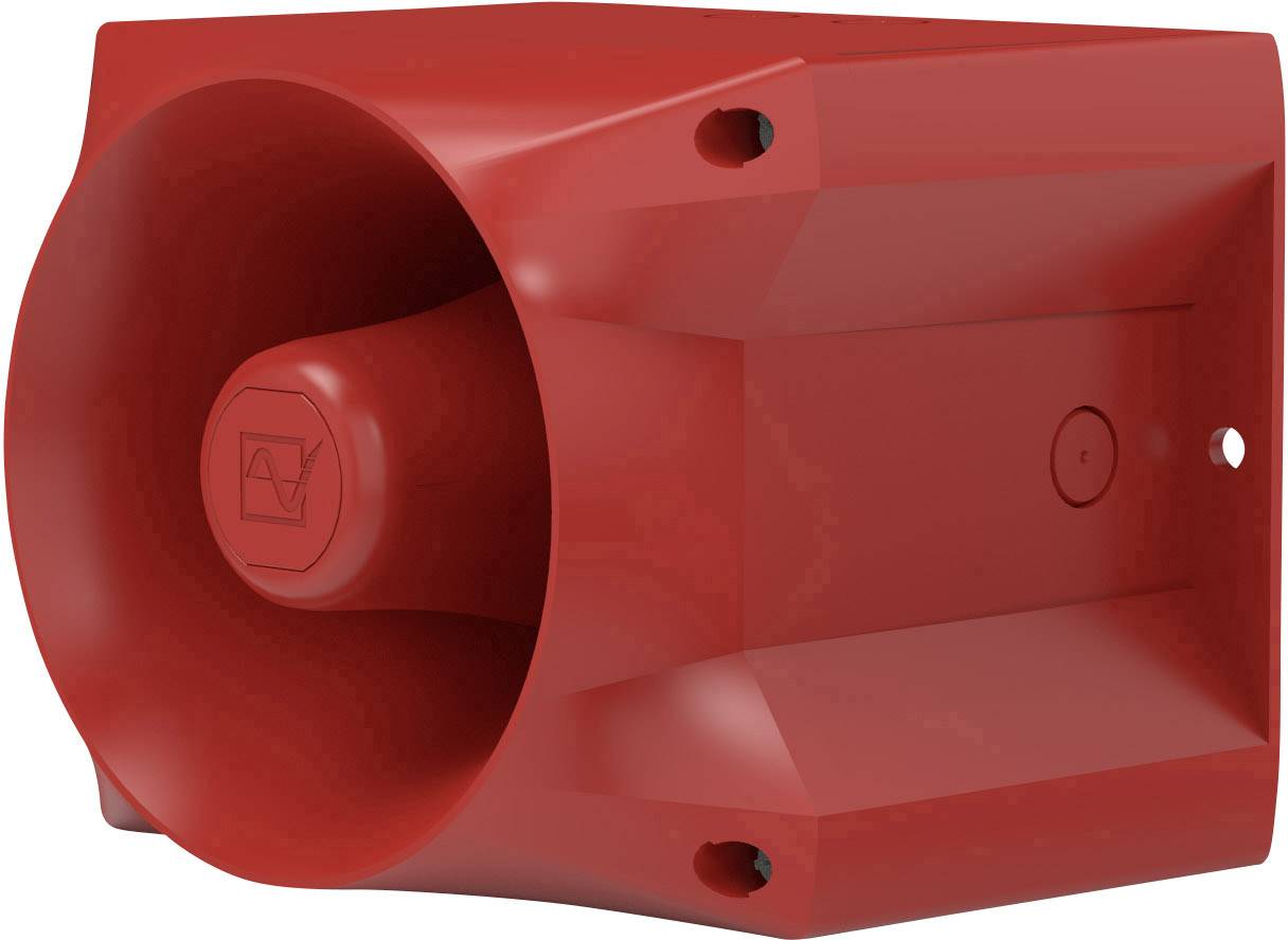 Rood alarmbehuizing met trechtervortige luidspreker aan de voorkant zichtbaar, wandmontage-openingen aan de zijkanten, geschikt voor binnen- of buitenalarmering.