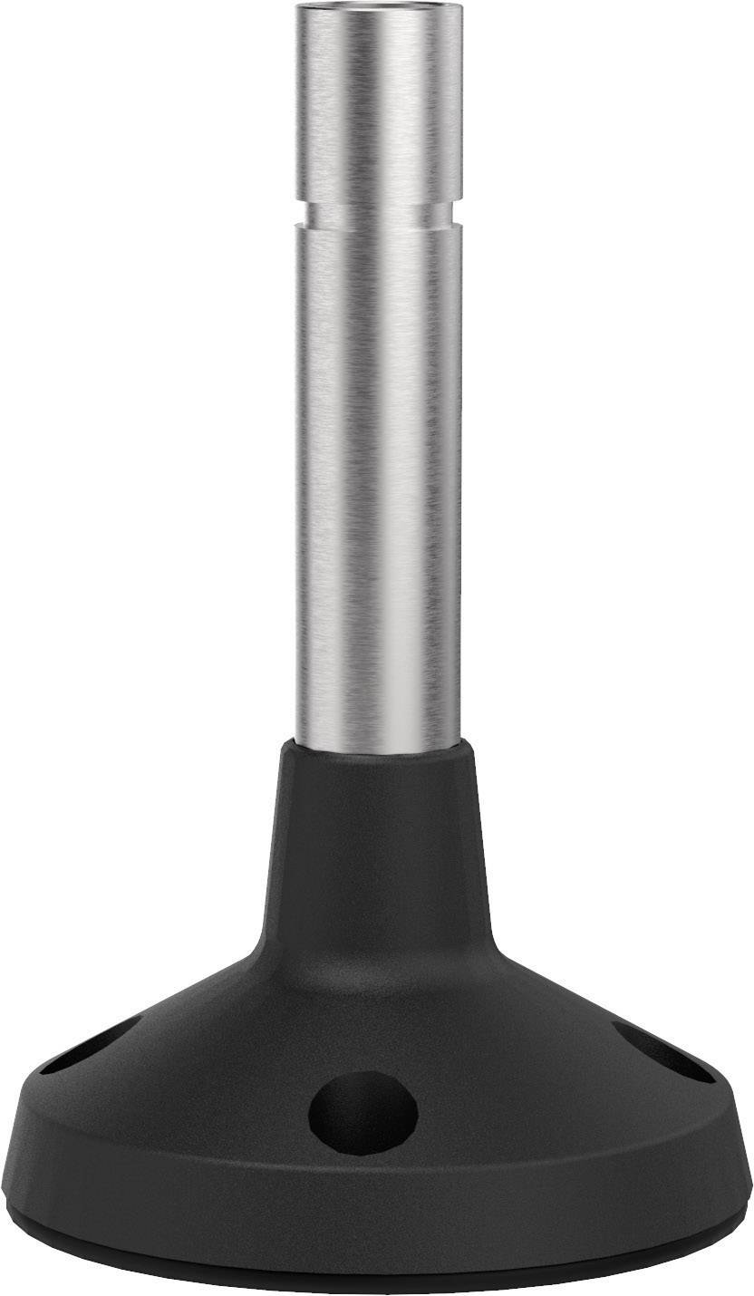 Een zwarte, conische basis met een zilveren, cilindrische metalen pen, mogelijk onderdeel van een meubel of apparaat.