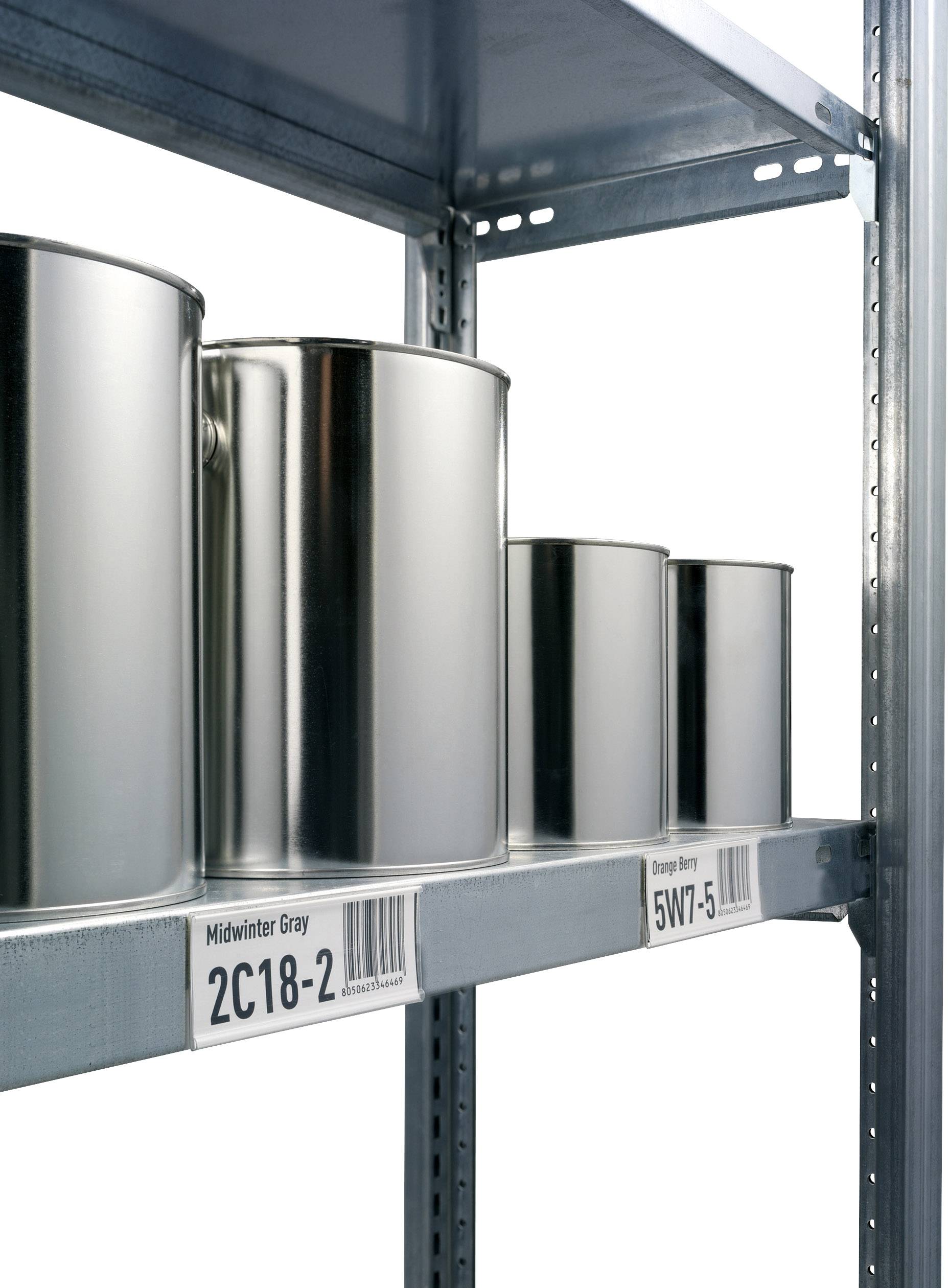 Verfblikken van verschillende formaten staan op een metalen rek. Eronder zijn verfnummers en -namen zoals 'Midwinter Grijs 2C18-2' zichtbaar.