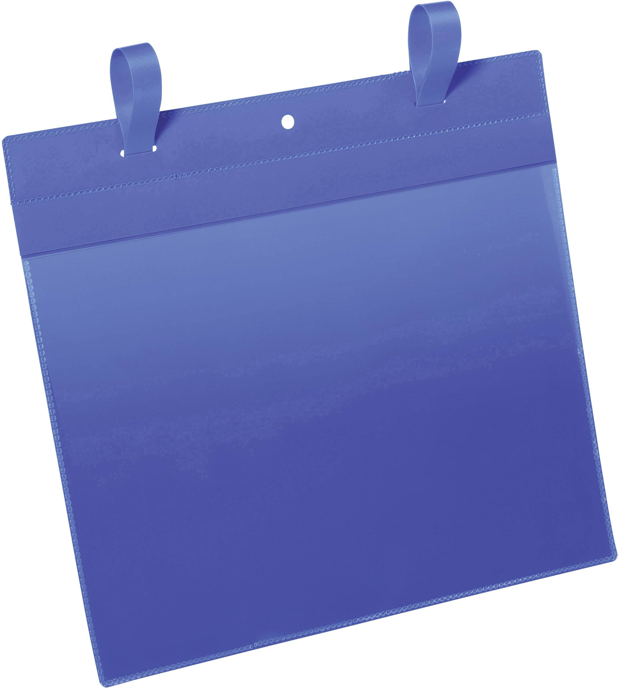 Blauwe ophangende opbergdoos met twee lussen bovenaan, geschikt voor het sorteren of organiseren van documenten en papieren.