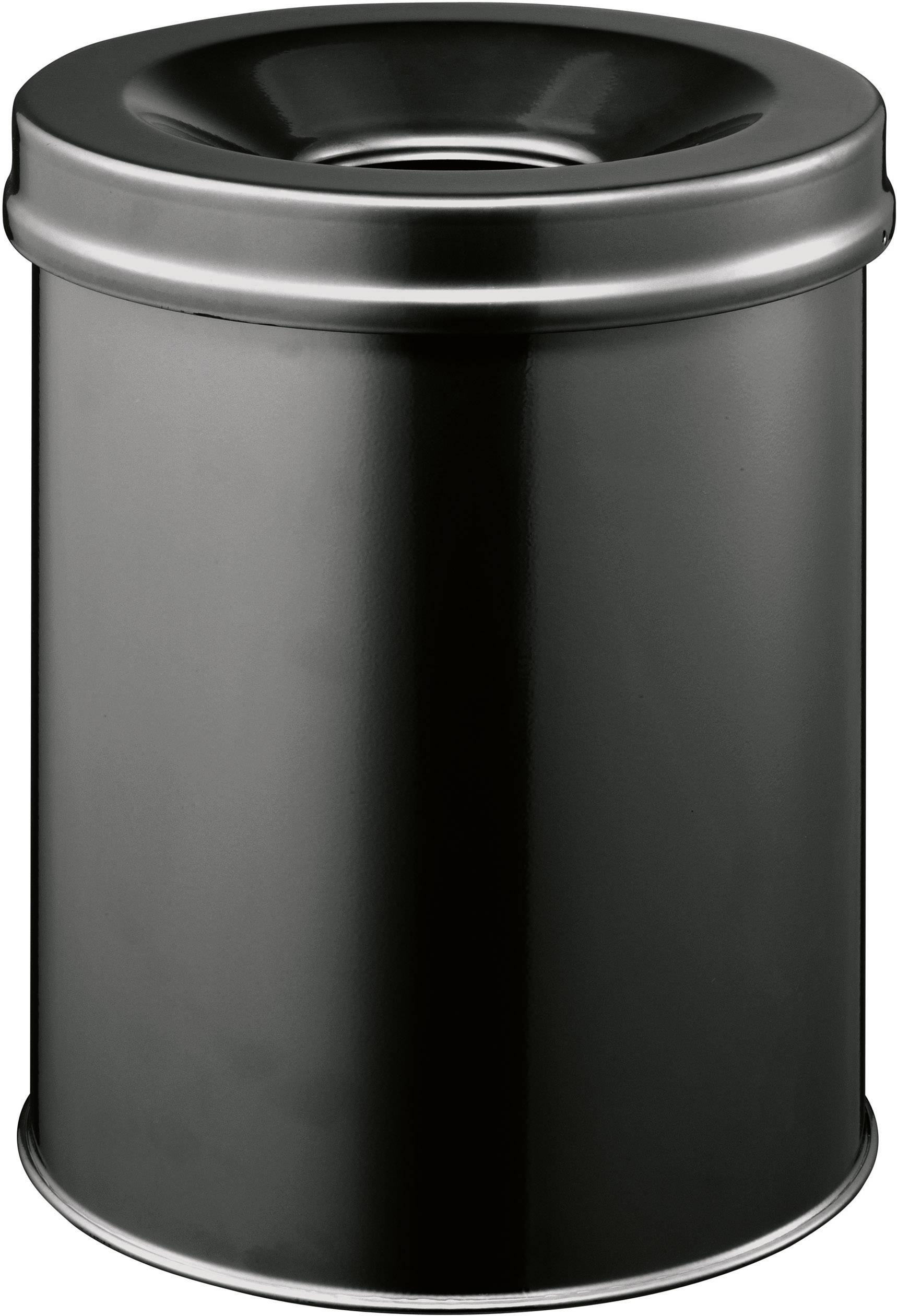Een zwarte, cilindrische metalen container met een verwijderbare deksel en een gewelfd bovenvlak, bedoeld voor het bewaren van voedsel of voorwerpen.