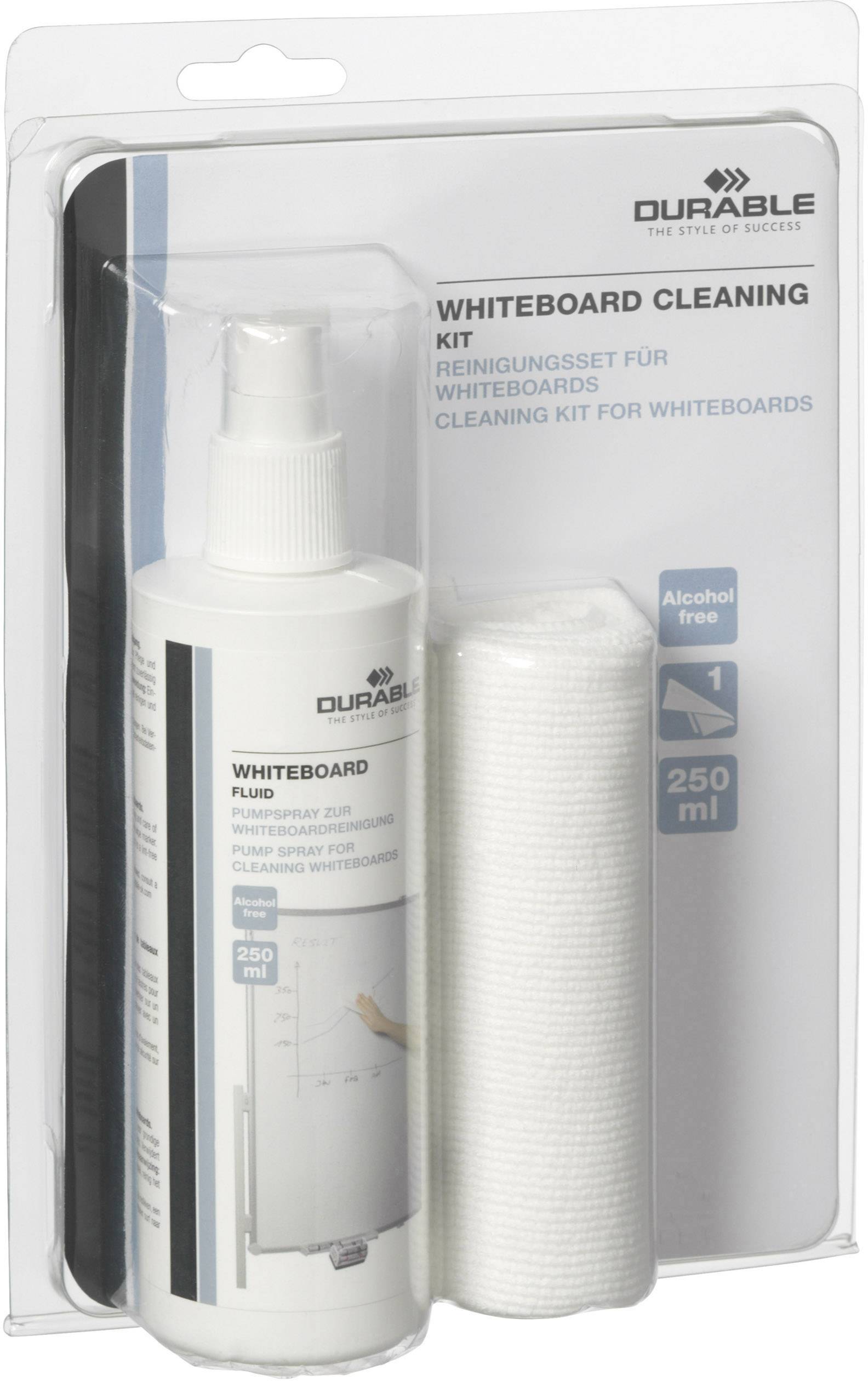 Reinigingsset voor whiteboards met 250 ml reinigingsvloeistof en doek, geschikt voor het verwijderen van inkt en vlekken.