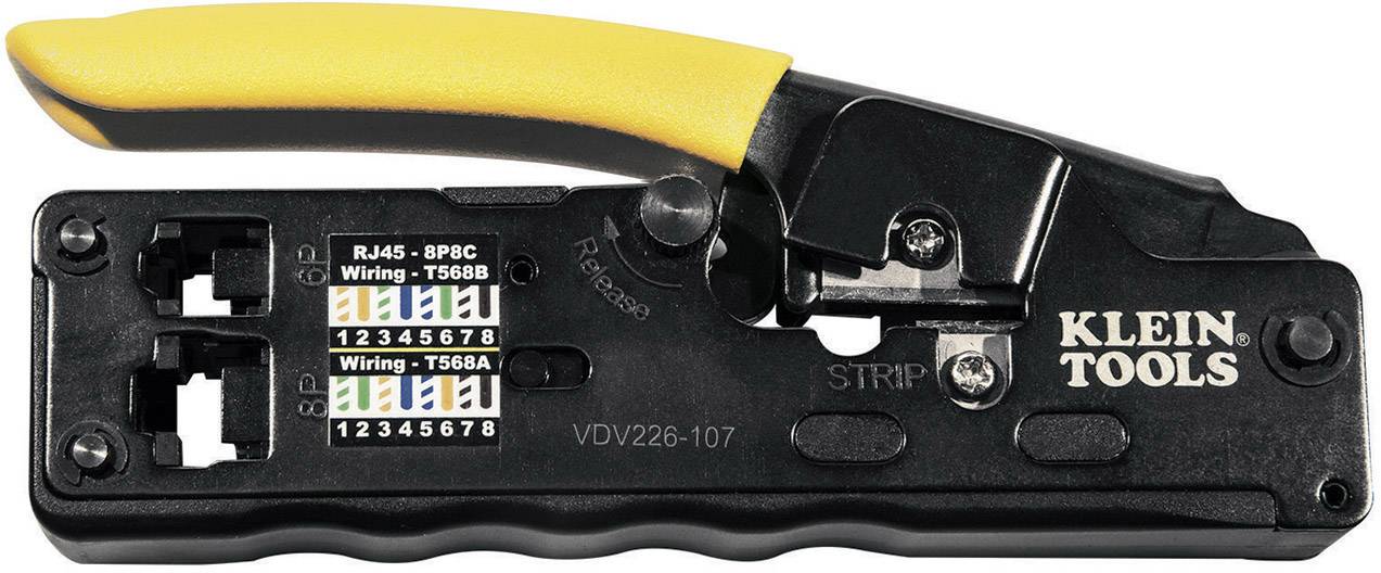Een krimptang met een gele handgreep voor RJ45-connectoren, met gekleurde markeringen voor de bedrading volgens T568B en T568A.