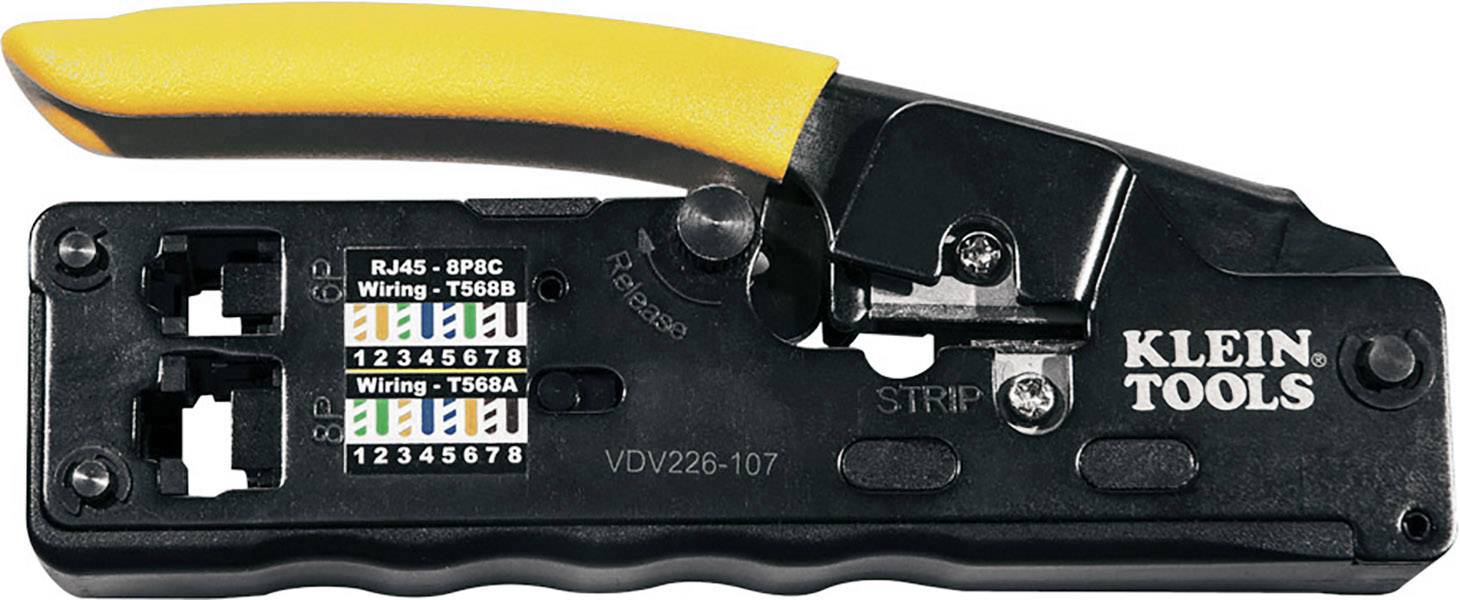 Krimptang van Klein Tools met gele handgreep en RJ45-aansluitmarkeringen voor T568A en T568B bekabelingsstandaarden.