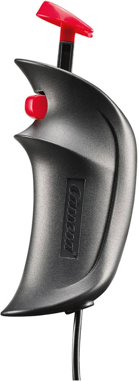 Zwarte handcontroller met rode trekker en knop, gebruikt voor speelgoed-autoracebanen.