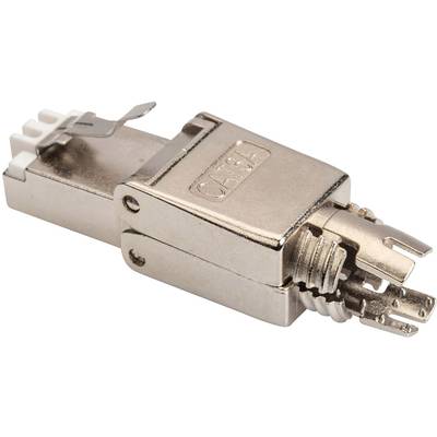 Een metalen CAT 6A netwerkkabel connector, gedemonteerd, toont de constructie met klemmen en behuizing. Hij wordt gebruikt voor het maken van Ethernet-verbindingen.