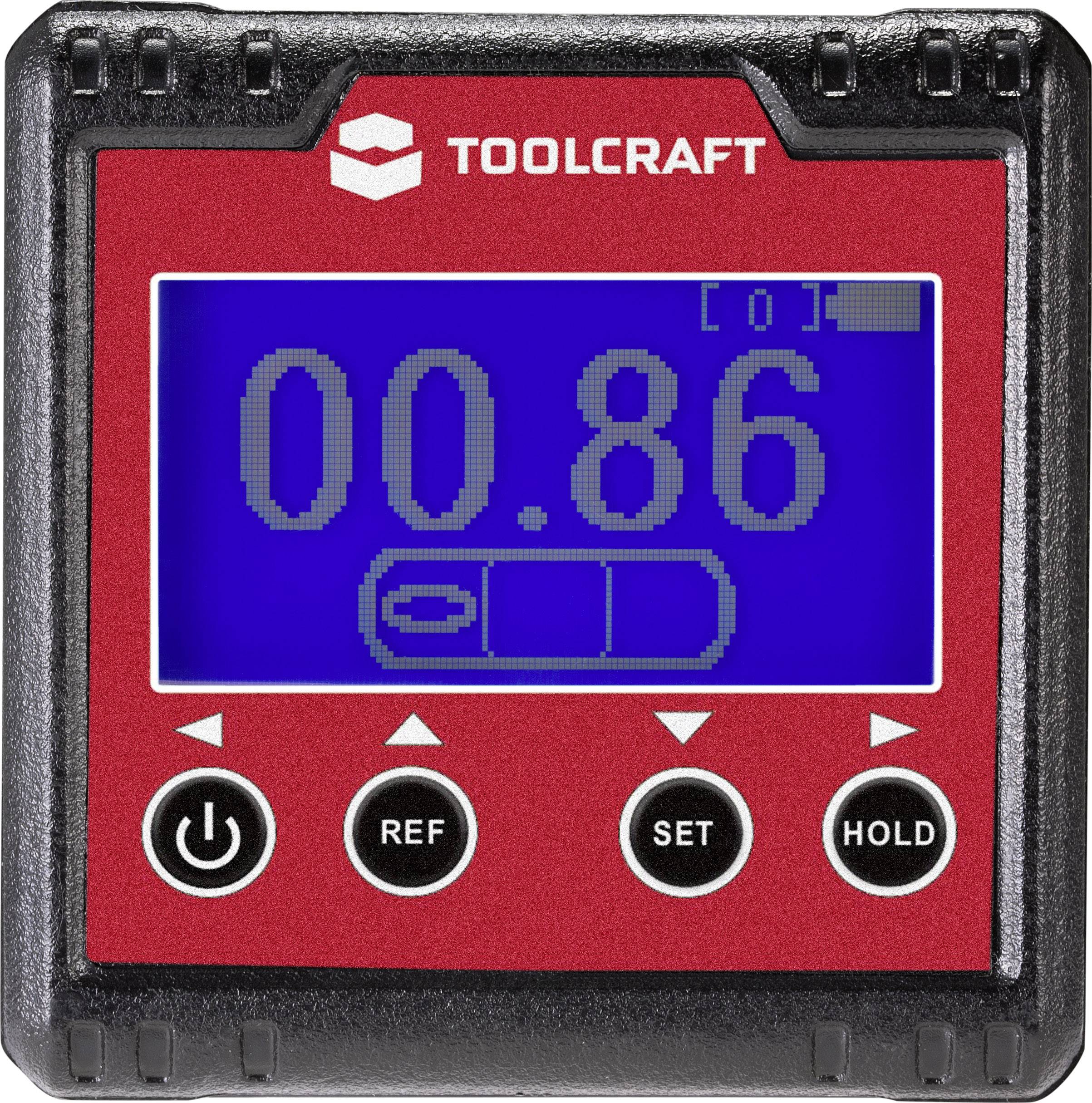 Digitale hoekmeter met rode behuizing toont '00.86' graden op een blauw display. Knoppen voor aan/uit, referentie, instelling en vasthouden onderaan.