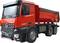 Rood speelgoed-vrachtwagen-model dat een kiepwagen voorstelt. De voorkant toont details zoals koplampen en voertuigmarkering.