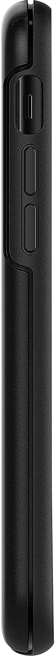 Een zwart, smal apparaat met gebogen randen, toont zijdelingse knoppen en sleuven.