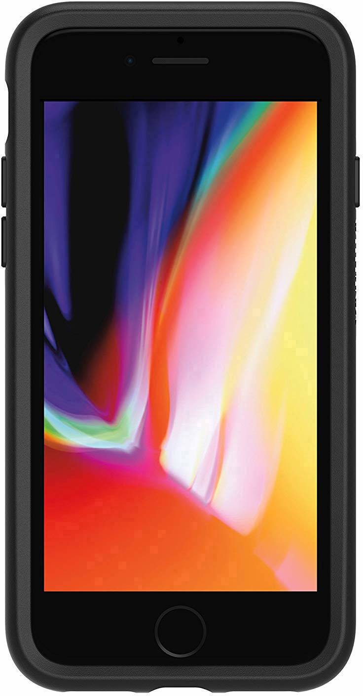 Smartphone met een kleurrijk, abstract achtergrondbeeld op het scherm. Het apparaat heeft een zwarte rand en afgeronde hoeken.