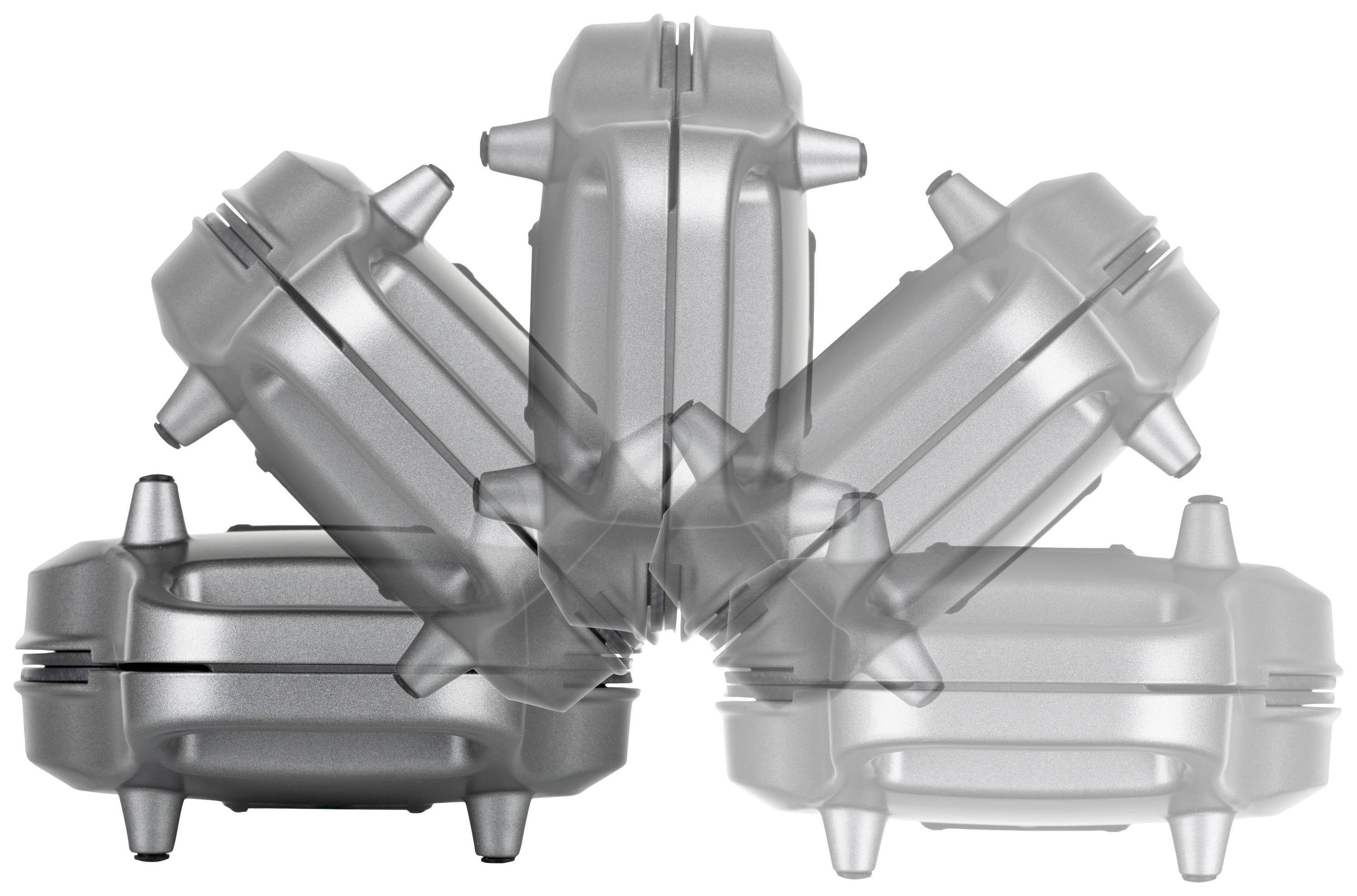 Transparante, over elkaar heen liggende afbeeldingen van een grijze, rechthoekige voorwerp vanuit verschillende perspectieven.